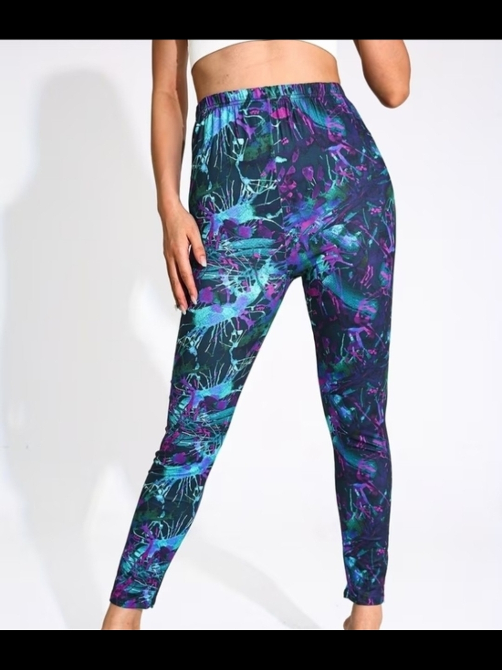 Abstract Splash Print High-Waist Leggings - Blue/Purple